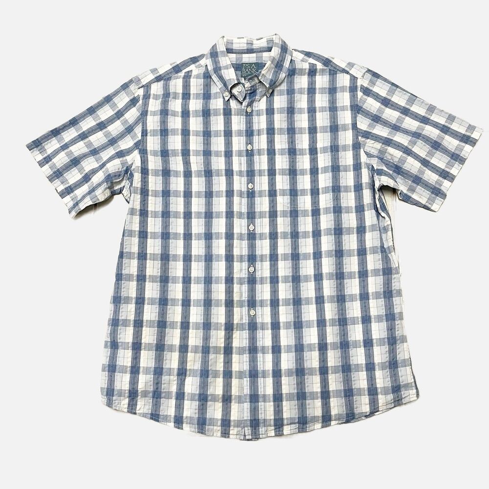 Joseph A. Bank Stays Cool Blue Plaid Short Sleeve Shirt Size Large
